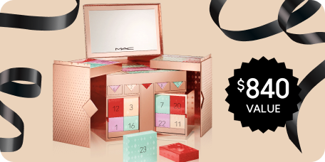 Advent Calendar on beige background with black ribbons around with $840 value