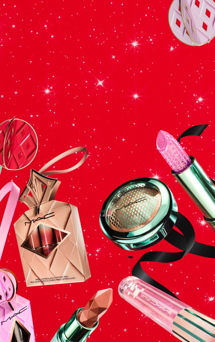 MAC Holiday gifts on red background with model 