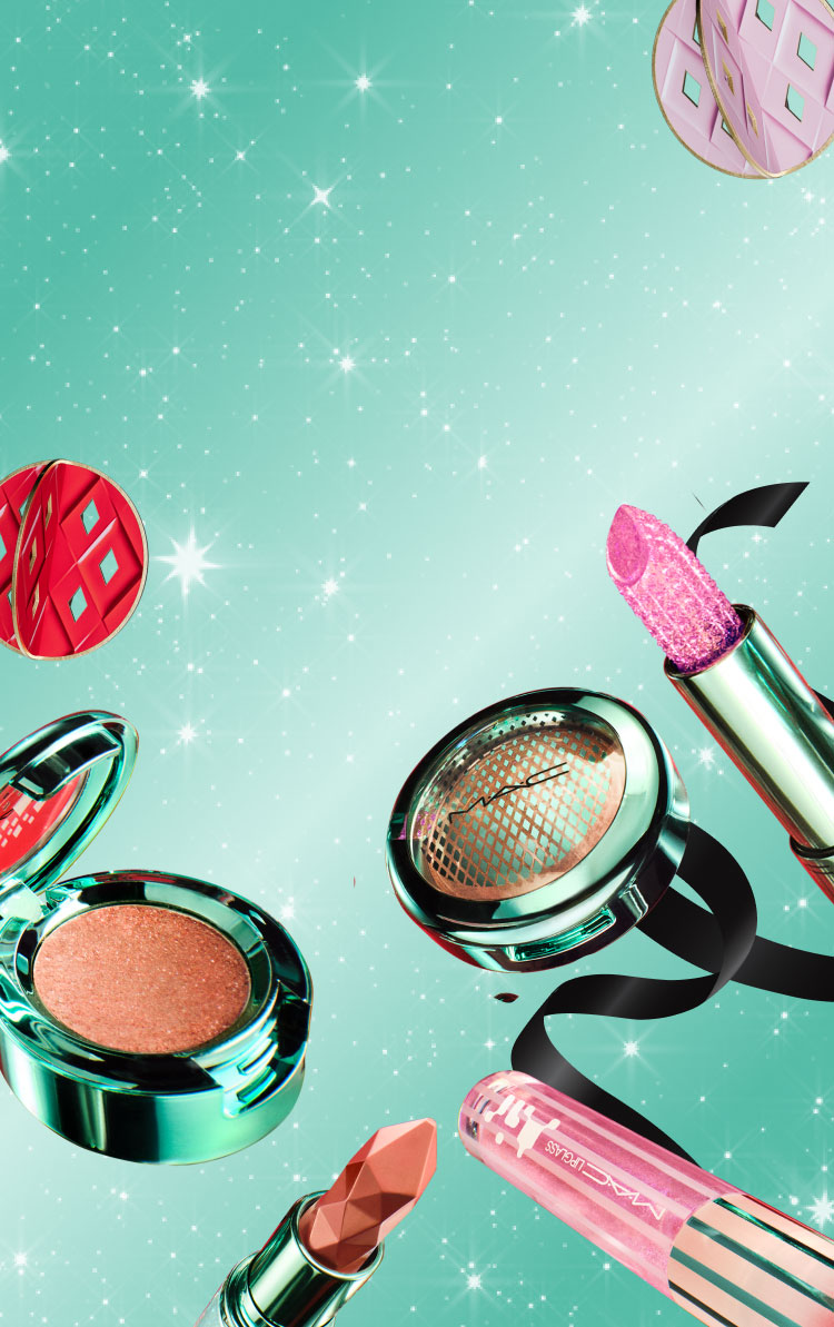 MAC Holiday gifts on teal background with model 